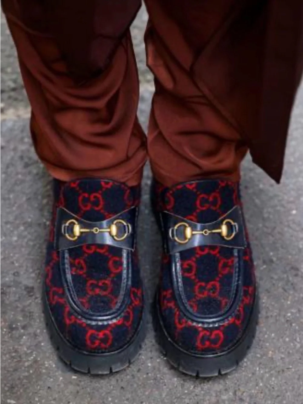 Gucci horsebit Navy & Red GG wool with black leather trim, Lug sole Boots/loafer